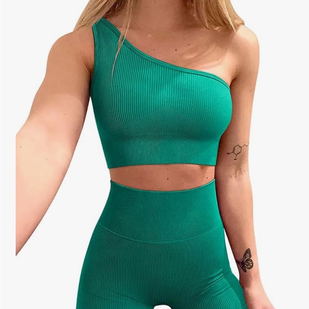 2 Piece Ribbed One-Shoulder Top Sports Bra and High Waist Shorts Exercise Set